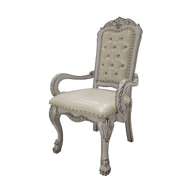 HomeRoots Set of Two Tufted White Upholstered Faux Leather And Wood Dining Arm Chairs