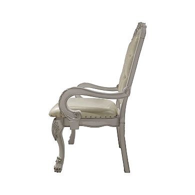 HomeRoots Set of Two Tufted White Upholstered Faux Leather And Wood Dining Arm Chairs