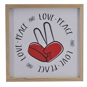 HomeRoots 12" X 12" White Red And Black Love Peace Wood Square Wall Decor