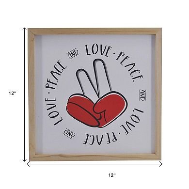 HomeRoots 12" X 12" White Red And Black Love Peace Wood Square Wall Decor