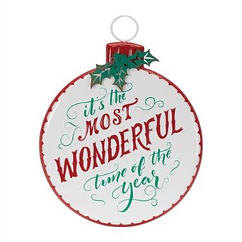 HomeRoots 18" X 14" White Green And Red Metal Christmas Ball Hanging Wall Decor