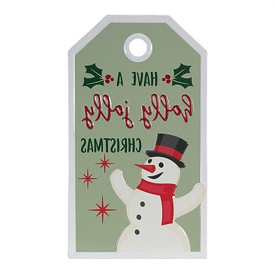 HomeRoots 16" X 9" Green And White Metal Christmas Snowman Hanging Wall Decor