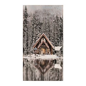 HomeRoots 18" X 10" Brown And White Wood Winter Lodge On The Lake Hanging Wall Decor
