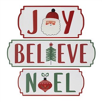 HomeRoots Set of Three White Green And Red Metal Christmas Hanging Text Wall Decor