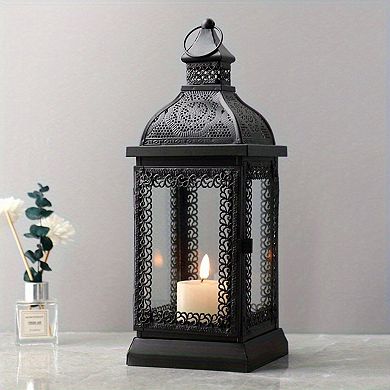 HomeRoots 13" Clear And Black Glass And Metal Tabletop Lantern Candle Holder