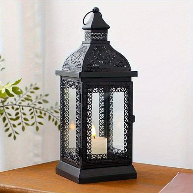 HomeRoots 13" Clear And Black Glass And Metal Tabletop Lantern Candle Holder