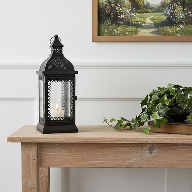 HomeRoots 13" Clear And Black Glass And Metal Tabletop Lantern Candle Holder