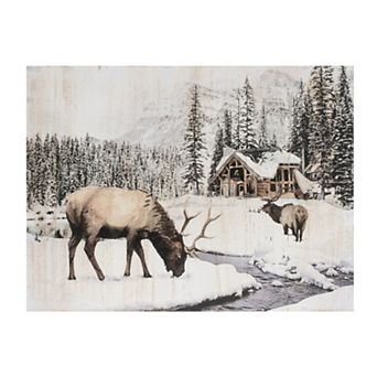 HomeRoots 14" X 19" Brown And White Wood Winter Reindeer Lodge Hanging Wall Decor