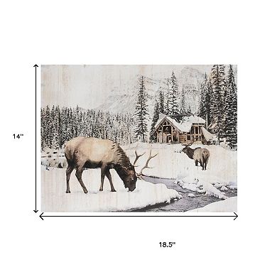 HomeRoots 14" X 19" Brown And White Wood Winter Reindeer Lodge Hanging Wall Decor