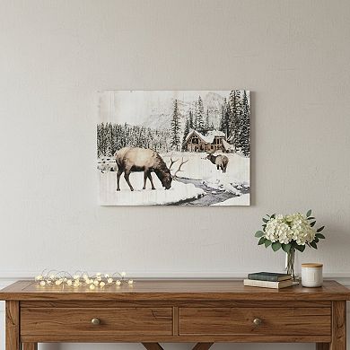 HomeRoots 14" X 19" Brown And White Wood Winter Reindeer Lodge Hanging Wall Decor
