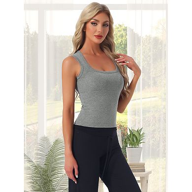 Women's U Neck Sleeveless Fitted Cotton Basic Layering Wide Strap Summer Tank Top