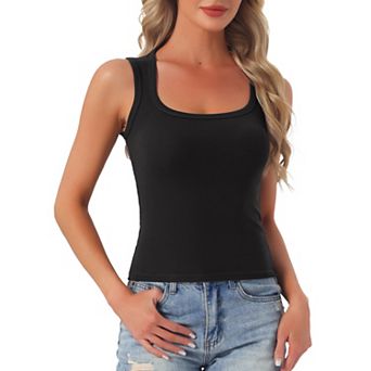 Women's U Neck Sleeveless Fitted Cotton Basic Layering Wide Strap Summer Tank Top