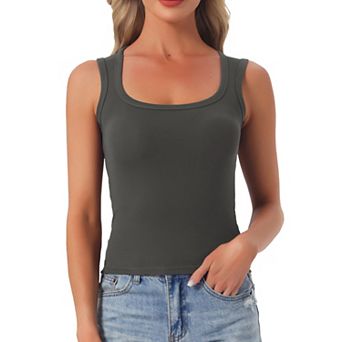 Women's U Neck Sleeveless Fitted Cotton Basic Layering Wide Strap Summer Tank Top