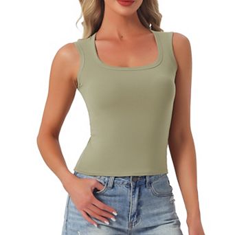 Women's U Neck Sleeveless Fitted Cotton Basic Layering Wide Strap Summer Tank Top