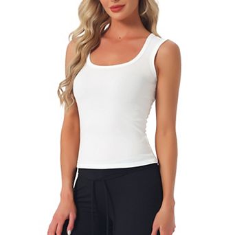 Women's U Neck Sleeveless Fitted Cotton Basic Layering Wide Strap Summer Tank Top