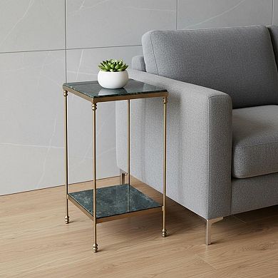 HomeRoots 24" Green and Gold Marble and Iron Square End Table With Shelf