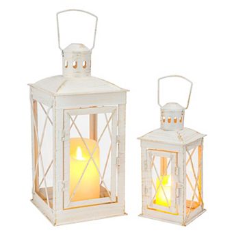 HomeRoots Set of Two Clear And White Glass And Metal Tabletop Lantern Candle Holders