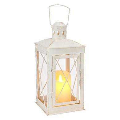 HomeRoots Set of Two Clear And White Glass And Metal Tabletop Lantern Candle Holders