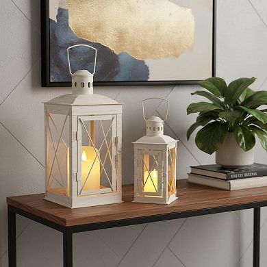 HomeRoots Set of Two Clear And White Glass And Metal Tabletop Lantern Candle Holders