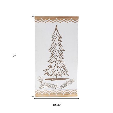 HomeRoots 19" X 10" Natural And White Wood Christmas Tree Hanging Wall Decor