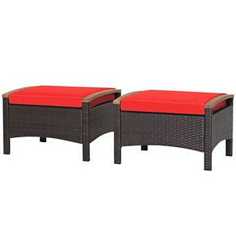 Set Of 2 Wicker Patio Ottomans With Cushions For Outdoor Seating