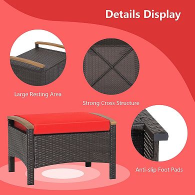 Set Of 2 Wicker Patio Ottomans With Cushions For Outdoor Seating