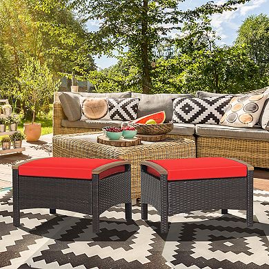 Set Of 2 Wicker Patio Ottomans With Cushions For Outdoor Seating