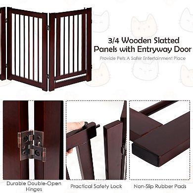 Freestanding Pet Gate 4 Panel Wooden Dog Fence With Walk Through Door