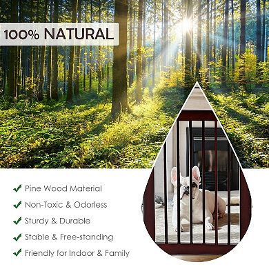Freestanding Pet Gate 4 Panel Wooden Dog Fence With Walk Through Door