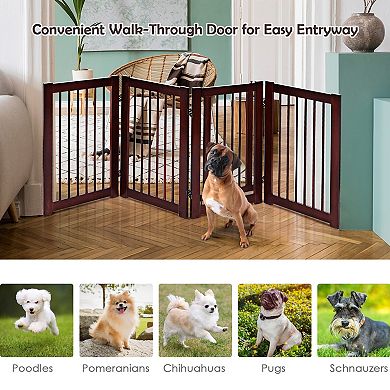 Freestanding Pet Gate 4 Panel Wooden Dog Fence With Walk Through Door