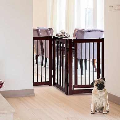 Freestanding Pet Gate 4 Panel Wooden Dog Fence With Walk Through Door