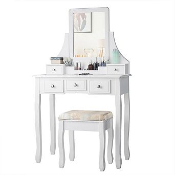 Vanity Table Set With Mirror And Stool, 5 Drawer Makeup Desk