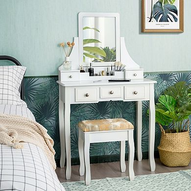 Vanity Table Set With Mirror And Stool, 5 Drawer Makeup Desk
