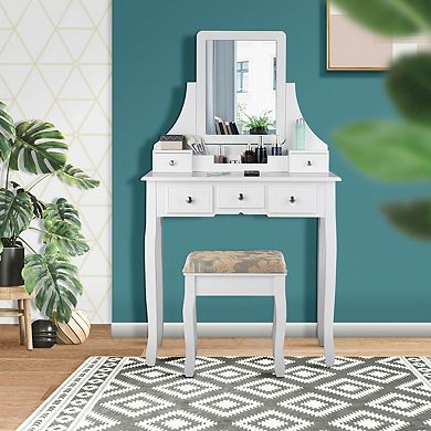 Vanity Table Set With Mirror And Stool, 5 Drawer Makeup Desk