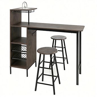 3 pc Bar Table Set With Wine Rack And 2 Stools