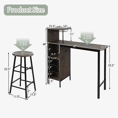 3 Piece Bar Table Set With Wine Rack And 2 Stools