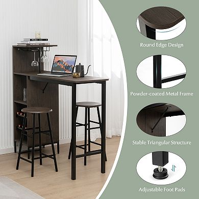 3 Piece Bar Table Set With Wine Rack And 2 Stools