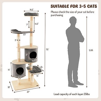 75 Inch Cat Tree Tower With 2 Condos, Perch And Sisal Scratching Posts