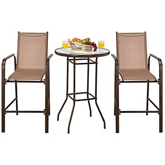Outdoor Patio Bar Set 3 pc with Tempered Glass Table and 2 Stools