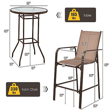 Outdoor Patio Bar Set 3 Piece with Tempered Glass Table and 2 Stools