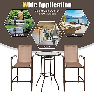 Outdoor Patio Bar Set 3 Piece with Tempered Glass Table and 2 Stools