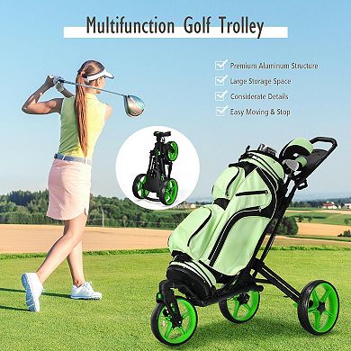 Blue Folding Golf Push Cart with Scoreboard, Adjustable Handle, Swivel Wheel