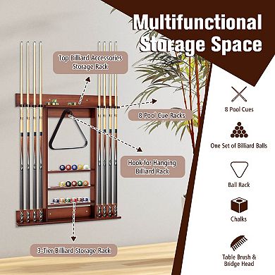 Wall-Mounted Billiard Pool Cue Rack - Brown
