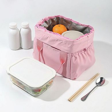 Reusable Lunch Bag with Drawstring Closure and Front Pocket Lightweight Thermal Food Tote