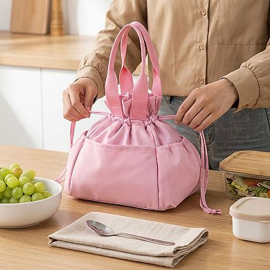 Reusable Lunch Bag with Drawstring Closure and Front Pocket Lightweight Thermal Food Tote