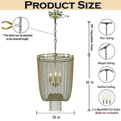 3-Light Vintage Empire Metal Chain Tassel Chandelier