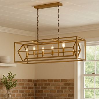 6-Light 39'' Antique Gold Modern Candle Linear Chandelier Rectangle Industrial