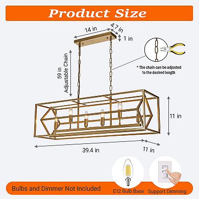 6-Light 39'' Antique Gold Modern Candle Linear Chandelier Rectangle Industrial