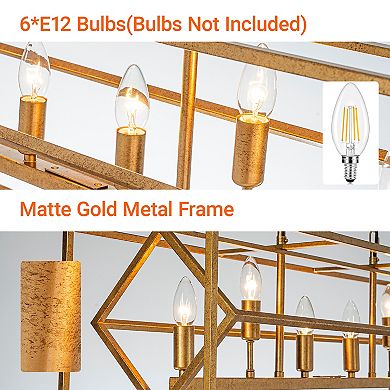6-Light 39'' Antique Gold Modern Candle Linear Chandelier Rectangle Industrial