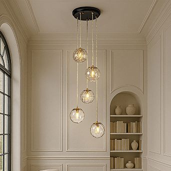 12'' 5-Light Modern Clear Ripple Glass Staircase Chandelier Globe Bubble Textured Glass Pendant